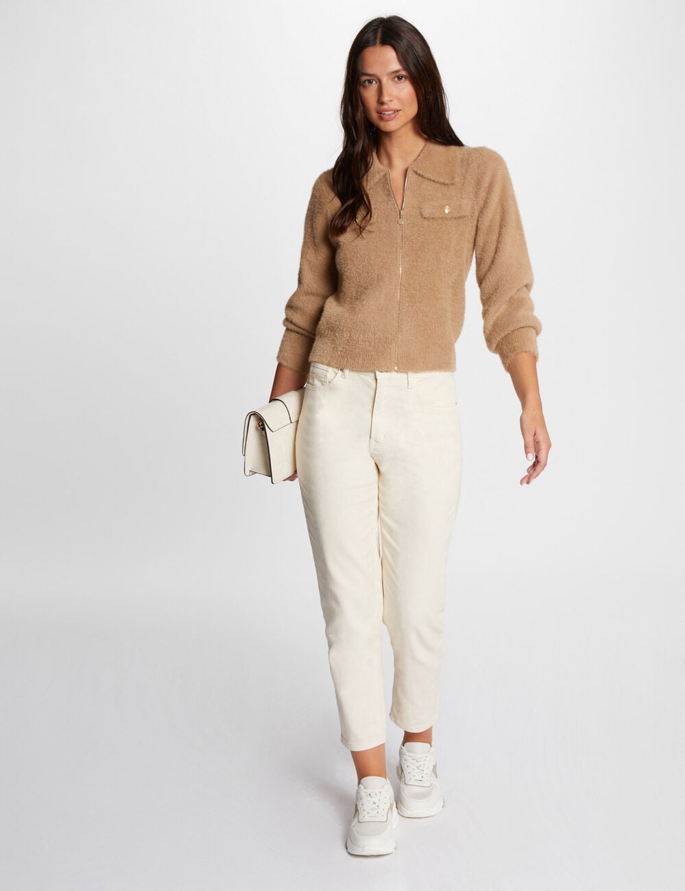 Gilet manches longues col &agrave; revers camel femme