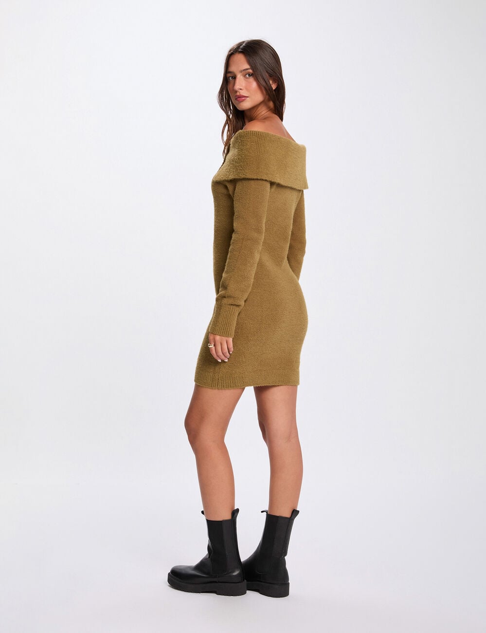 Robe tricot col bardot camel femme