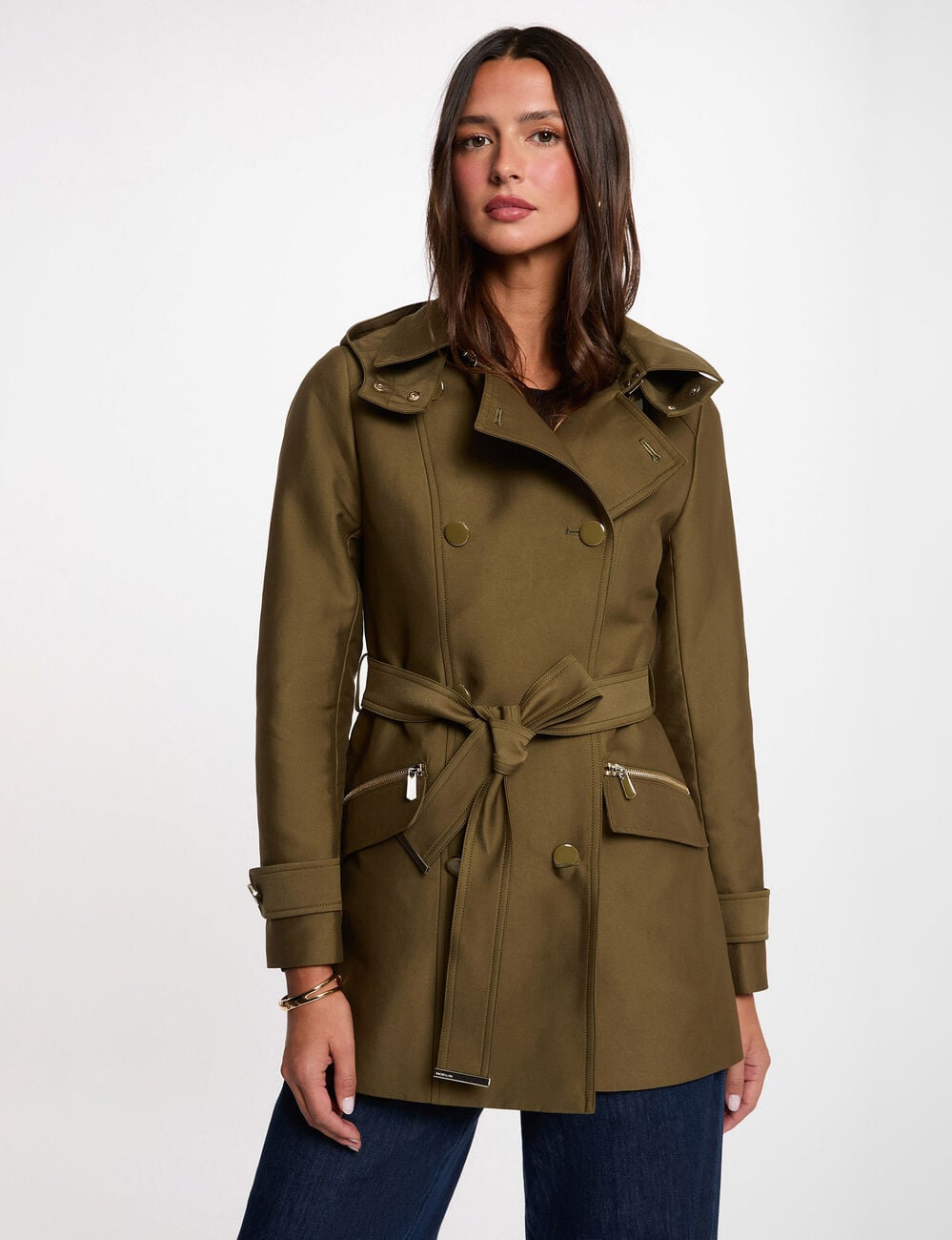 Trench cintr&eacute; ceintur&eacute; &agrave; capuche vert kaki femme