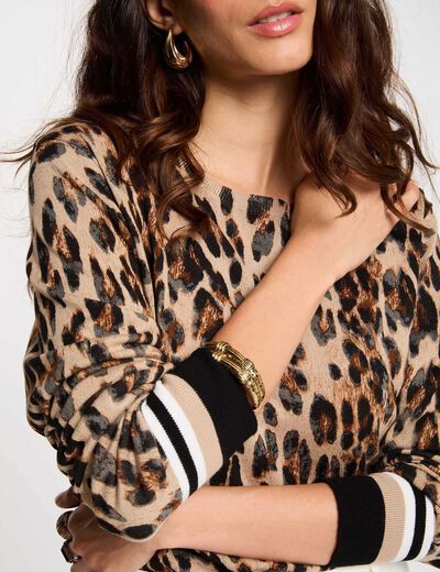 Pull col rond imprim&eacute; l&eacute;opard multicolore femme