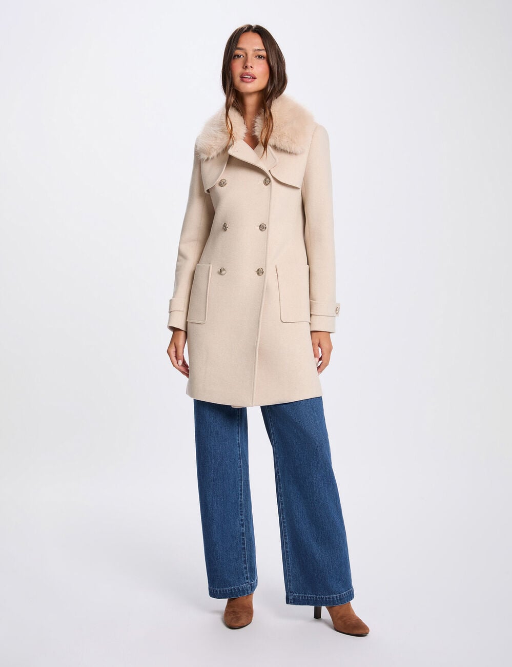 Manteau droit col fourrure beige femme