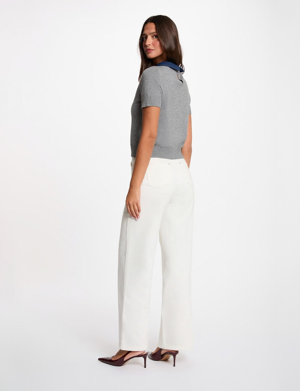 Pull col &agrave; revers gris clair femme