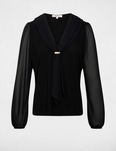 T-shirt voile col lavalli&egrave;re noir femme