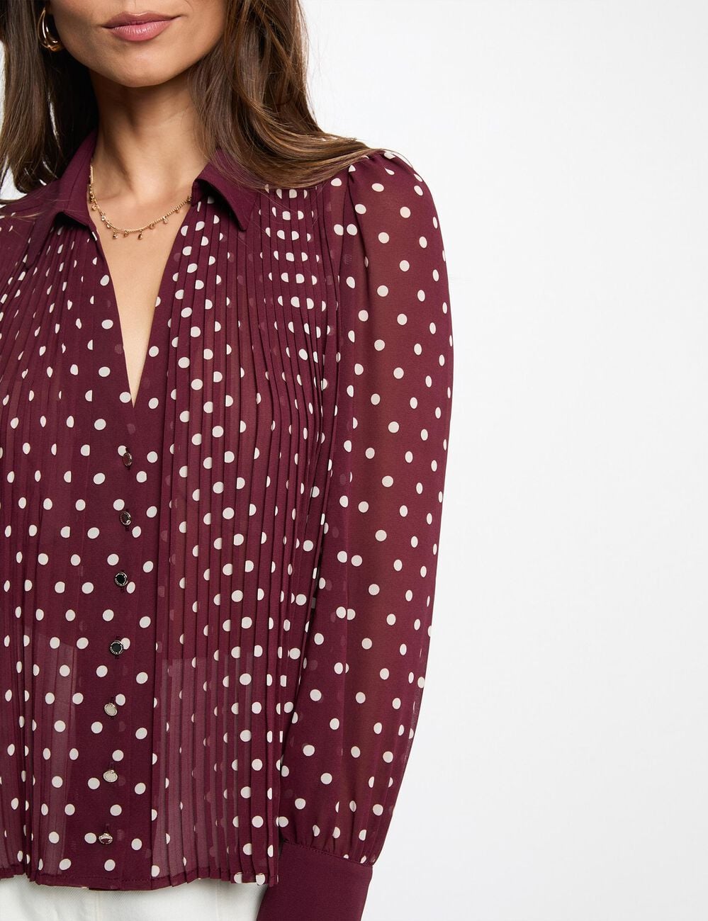 Chemise manches longues &agrave; pois bordeaux femme