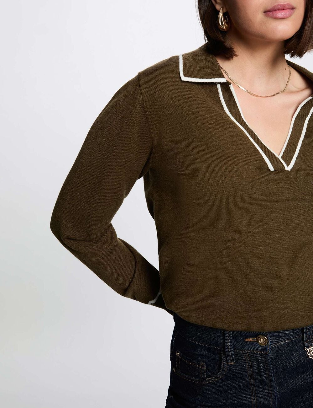 Pull col polo vert kaki femme