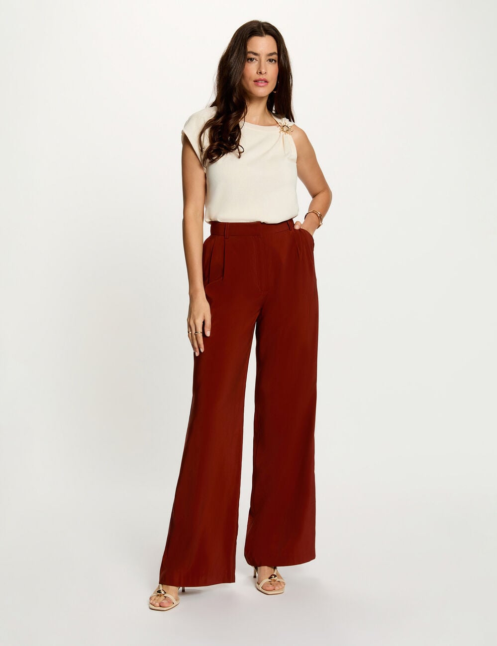 Pantalon large fluide marron cognac femme
