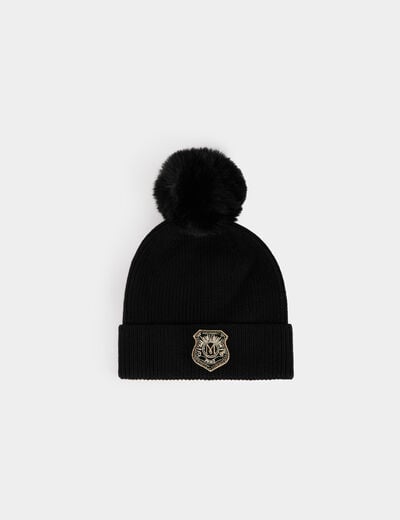 Bonnet &agrave; pompon noir femme