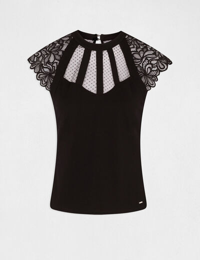 T-shirt manches courtes &agrave; dentelle noir femme