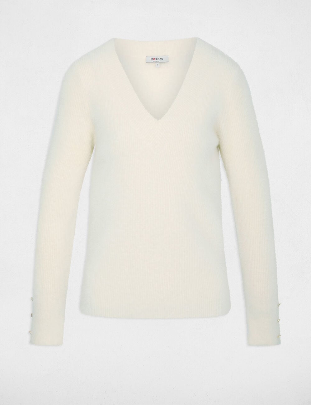 Pull col v manches longues ivoire femme