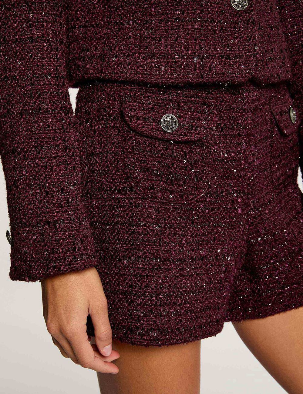 Short tweed taille haute prune femme