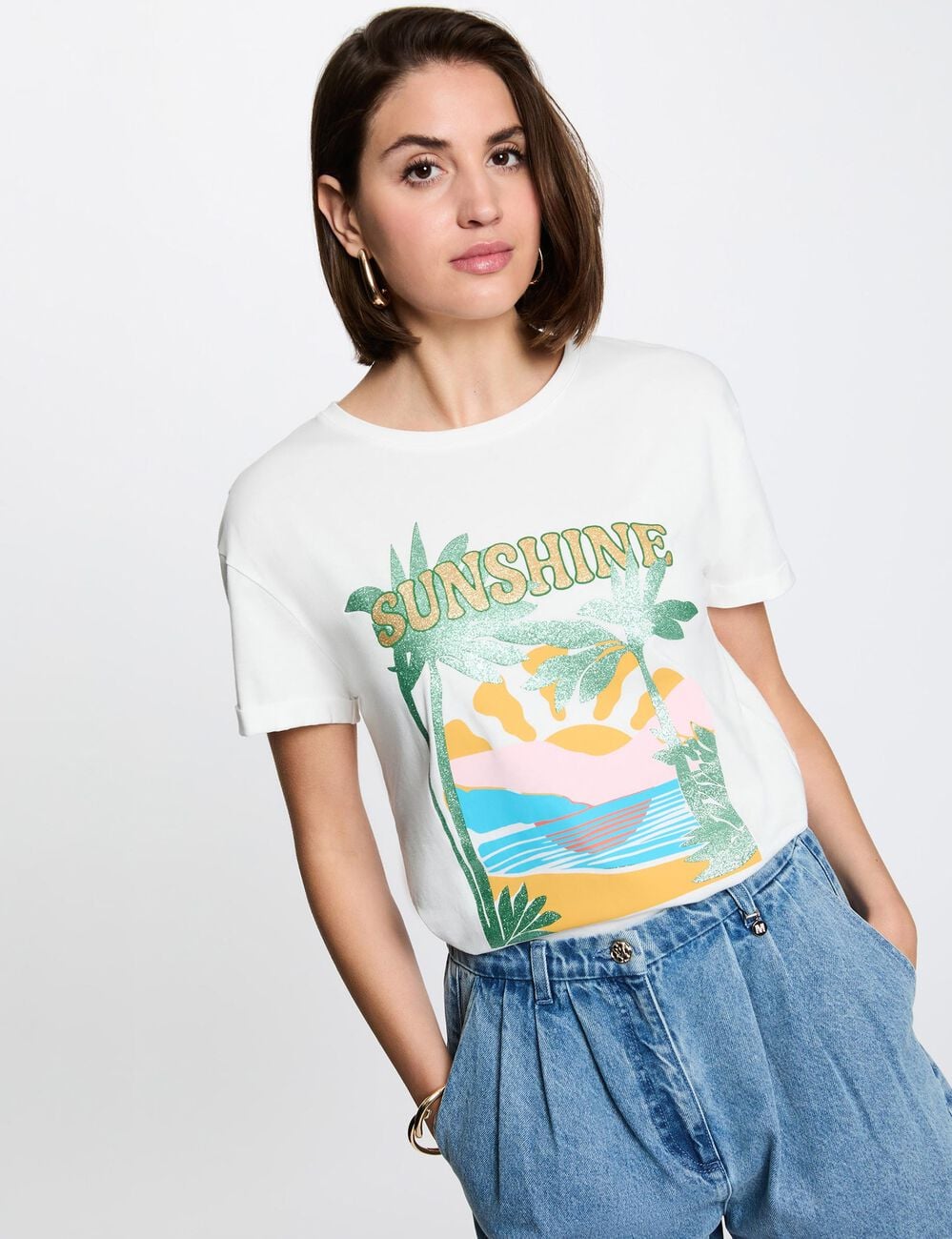T-shirt imprim&eacute; col rond blanc femme