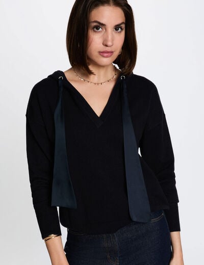 Pull &agrave; capuche bleu marine femme