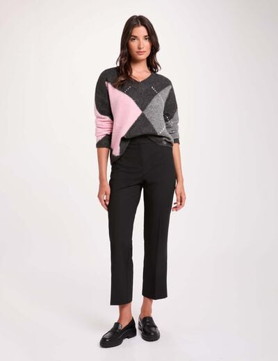 Pull jacquard col v gris fonc&eacute; femme