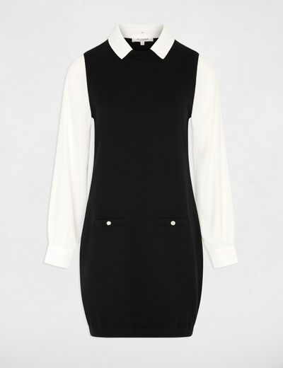Robe tricot col &agrave; revers noir femme