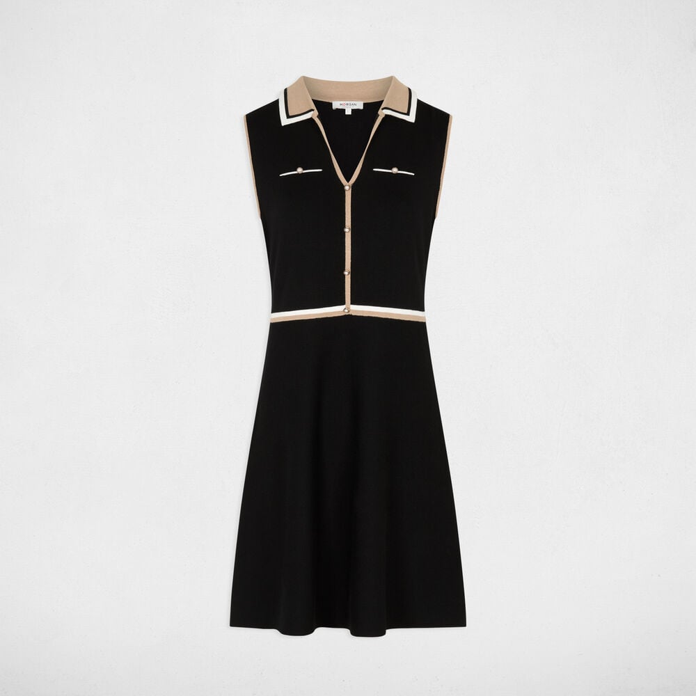Robe tricot col &agrave; revers noir femme