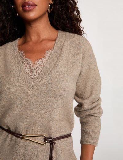 Robe tricot col v taupe femme