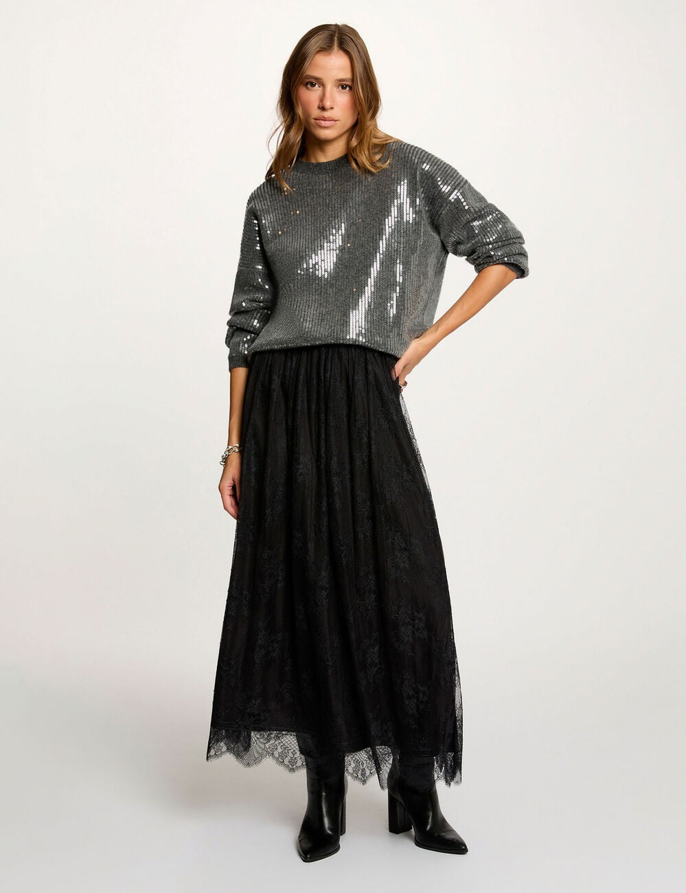 Pull sequins col rond gris fonc&eacute; femme