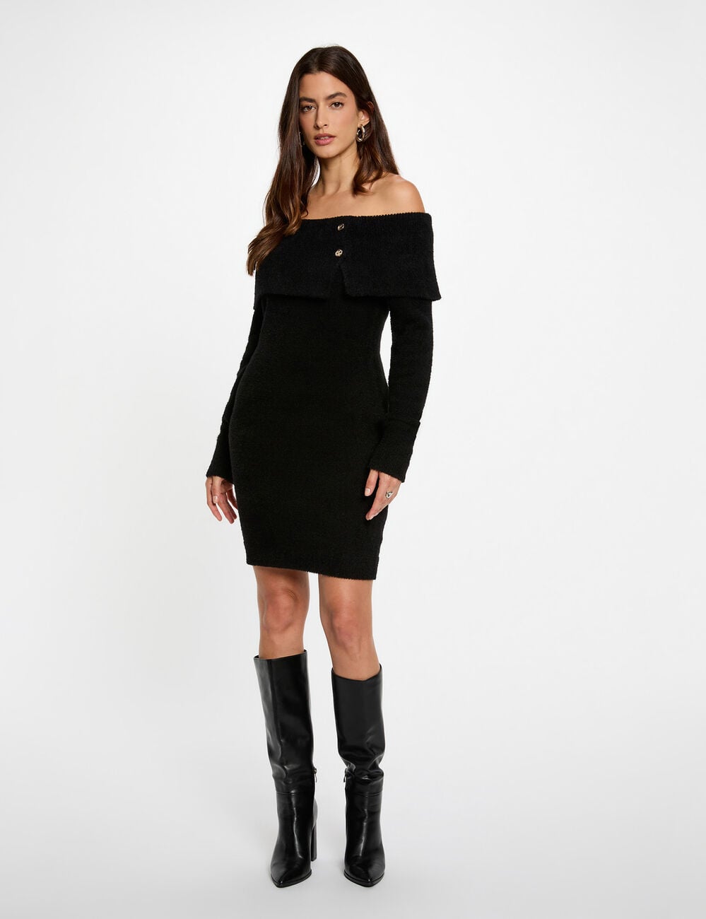 Robe tricot col bardot noir femme