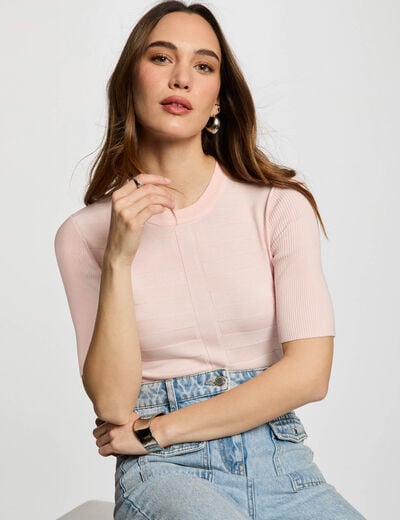 Pull col rond manches courtes rose clair femme