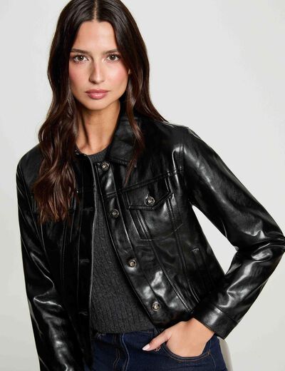 Blouson similicuir ouatin&eacute; noir femme