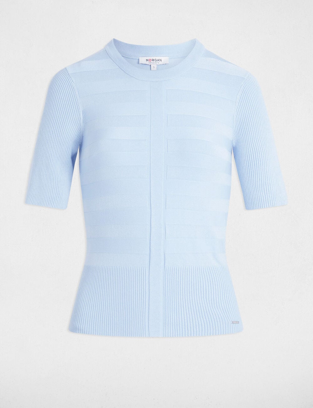 Pull col rond manches courtes bleu ciel femme