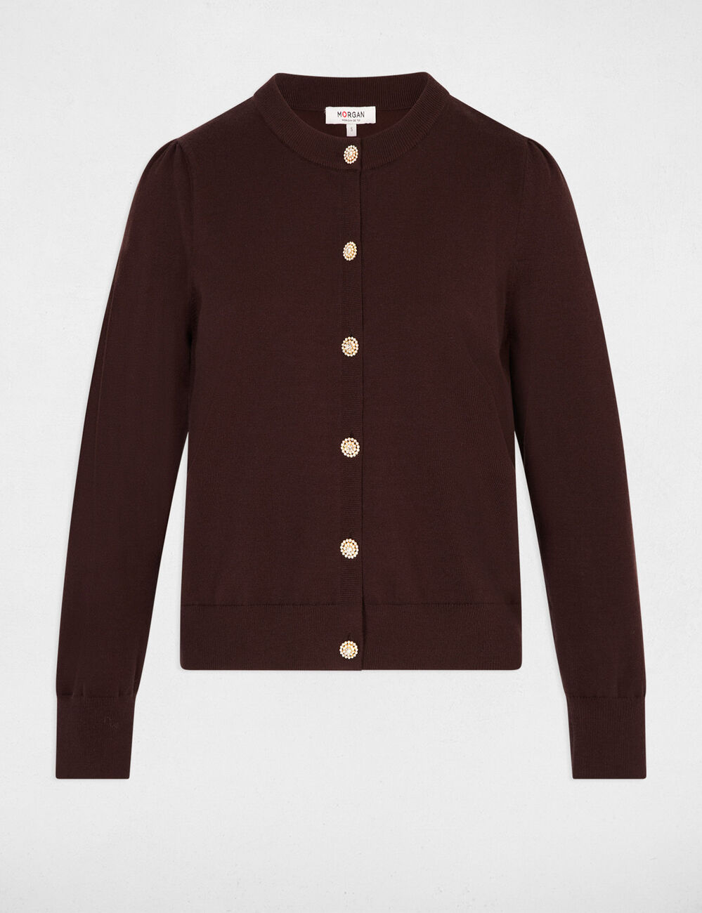 Gilet tricot col rond marron fonc&eacute; femme