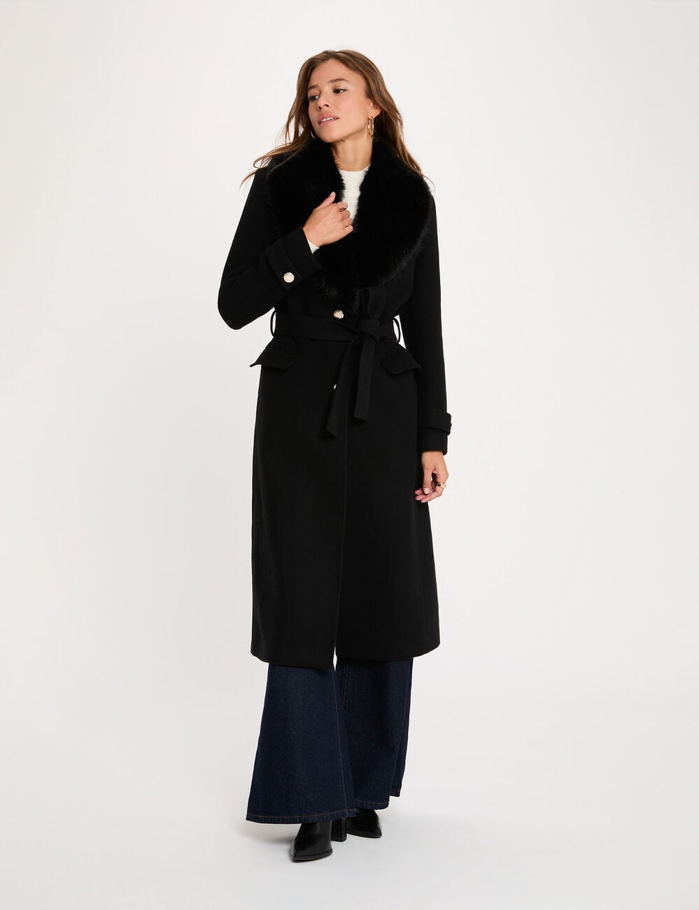 Manteau long ceintur&eacute; noir femme