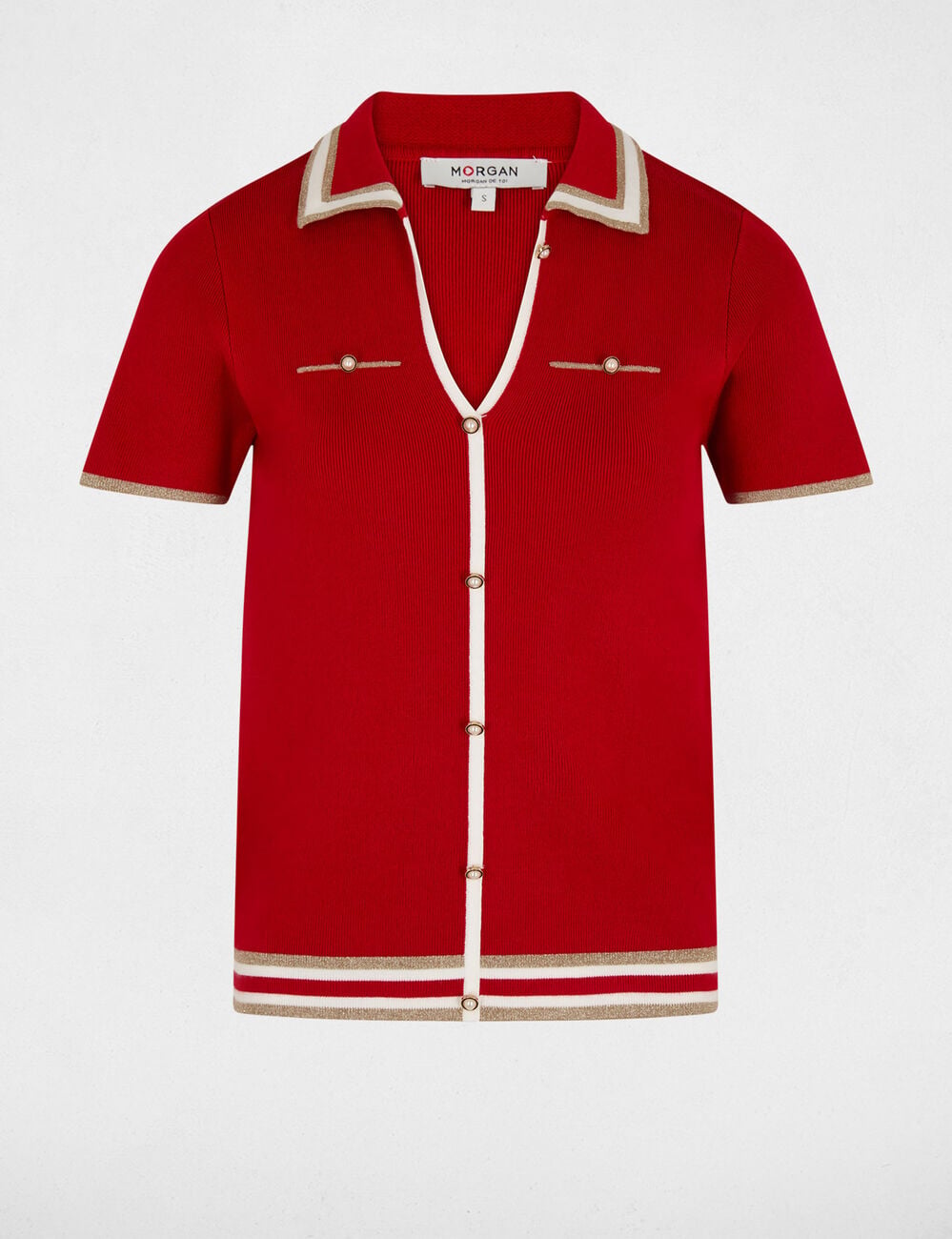 Pull col polo manches courtes rouge femme