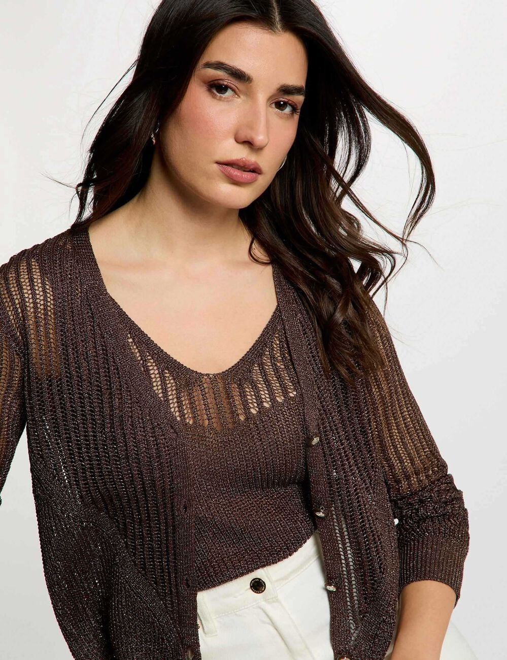 Gilet manches longues ajour&eacute; marron fonc&eacute; femme