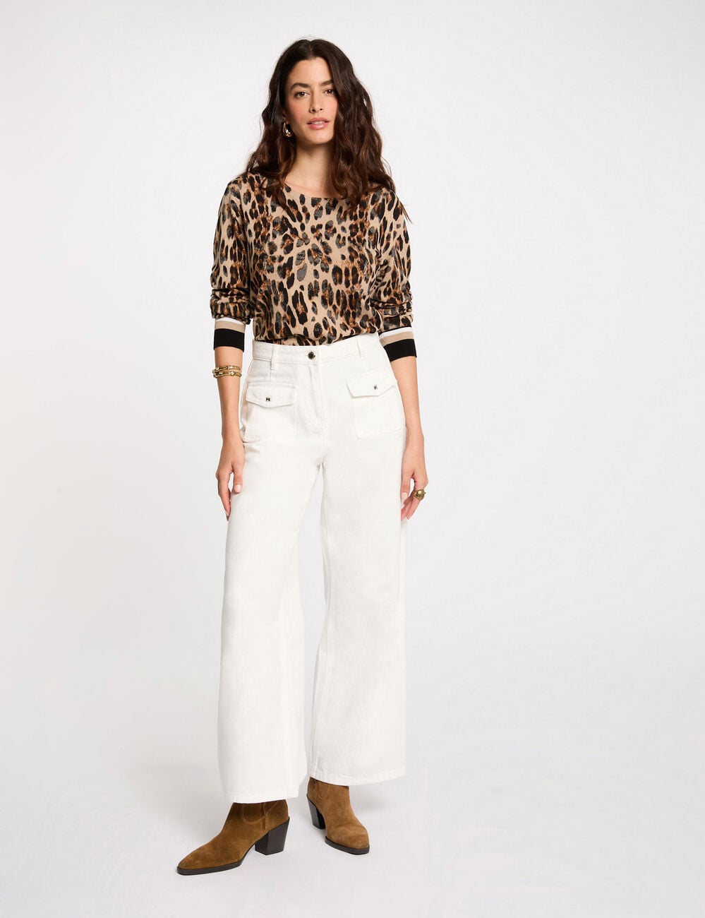 Pull col rond imprim&eacute; l&eacute;opard multicolore femme