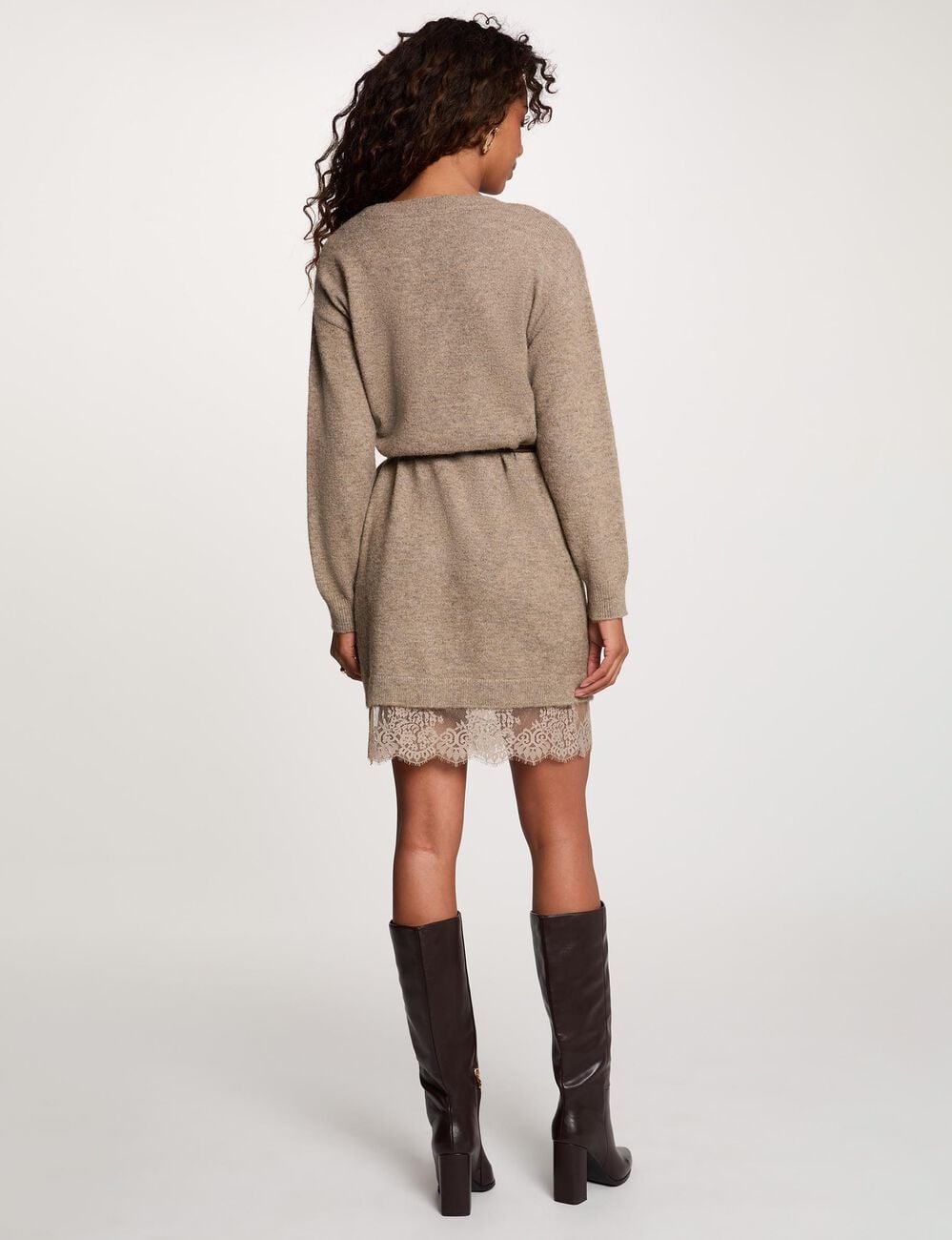 Robe tricot col v taupe femme