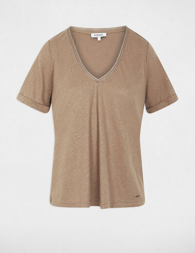 T-shirt col v perl&eacute; taupe femme