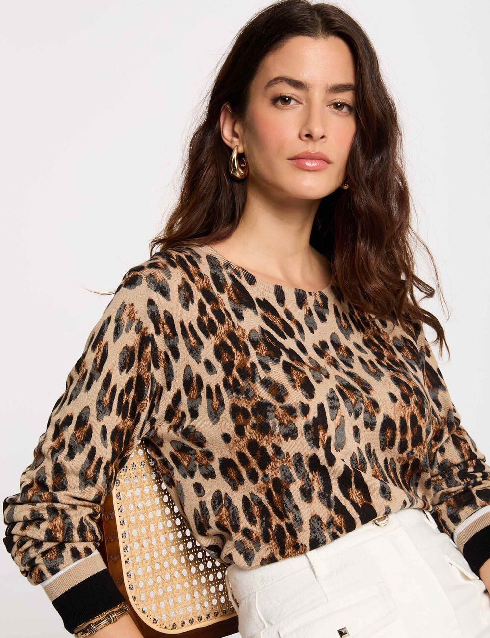 Pull col rond imprim&eacute; l&eacute;opard multicolore femme
