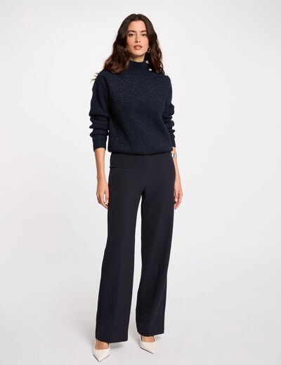 Pantalon droit &agrave; pinces bleu marine femme