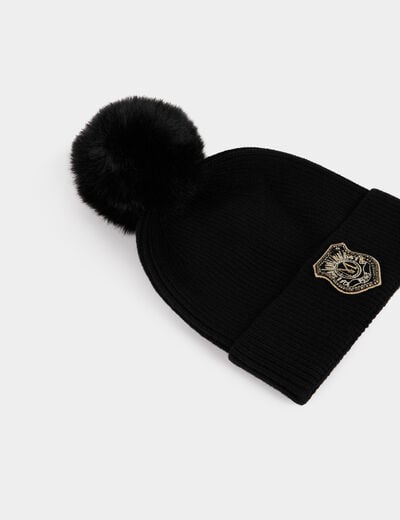 Bonnet &agrave; pompon noir femme