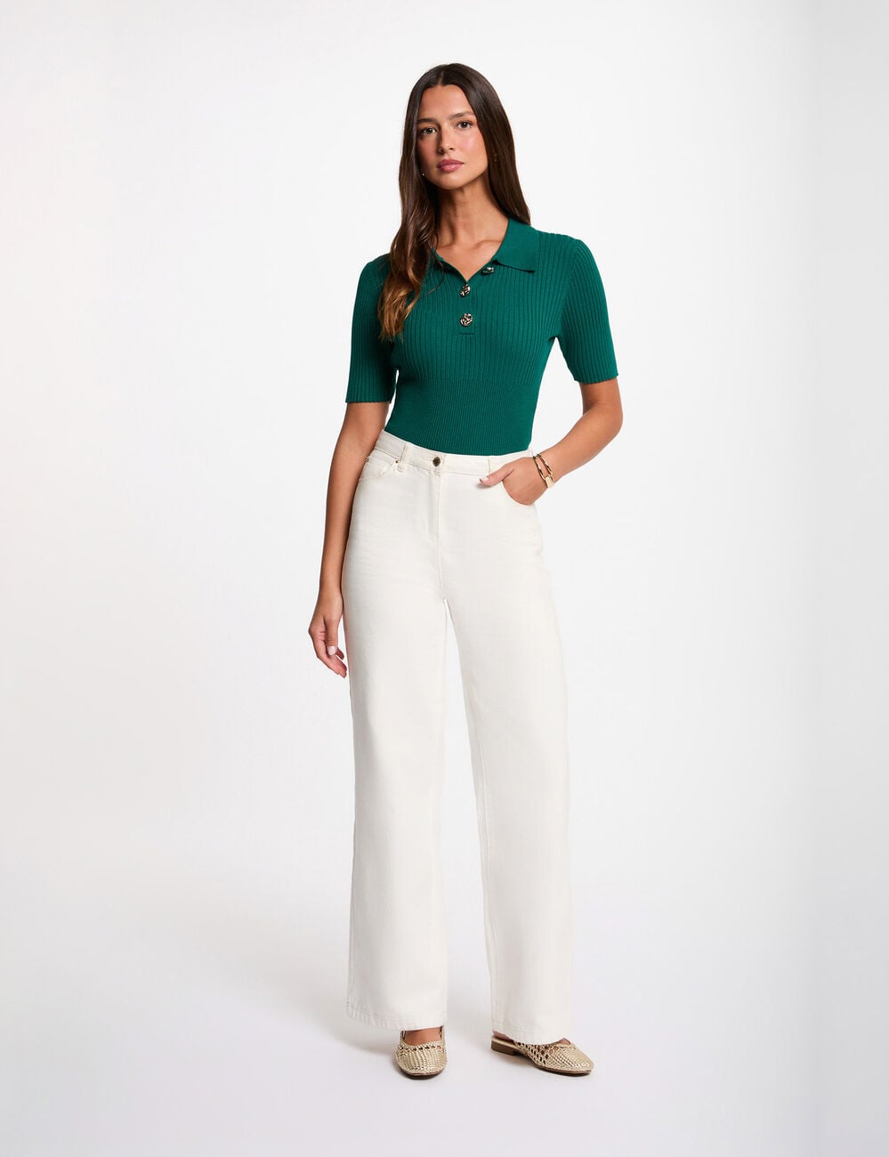Pull col &agrave; revers vert femme