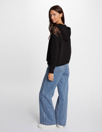 Pull capuche d&eacute;tails dentelle noir femme