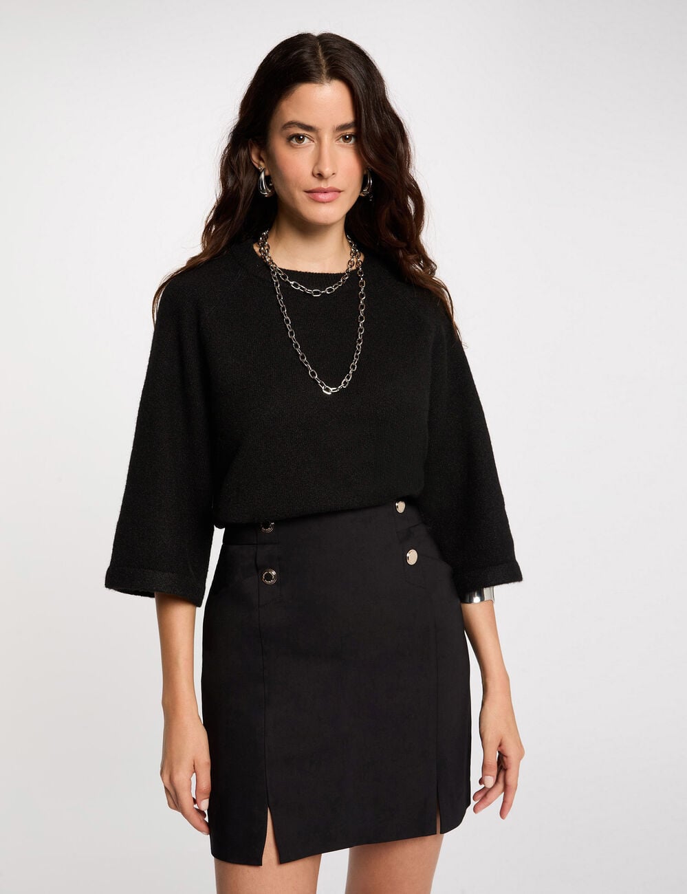 Jupe courte &agrave; boutons noir femme