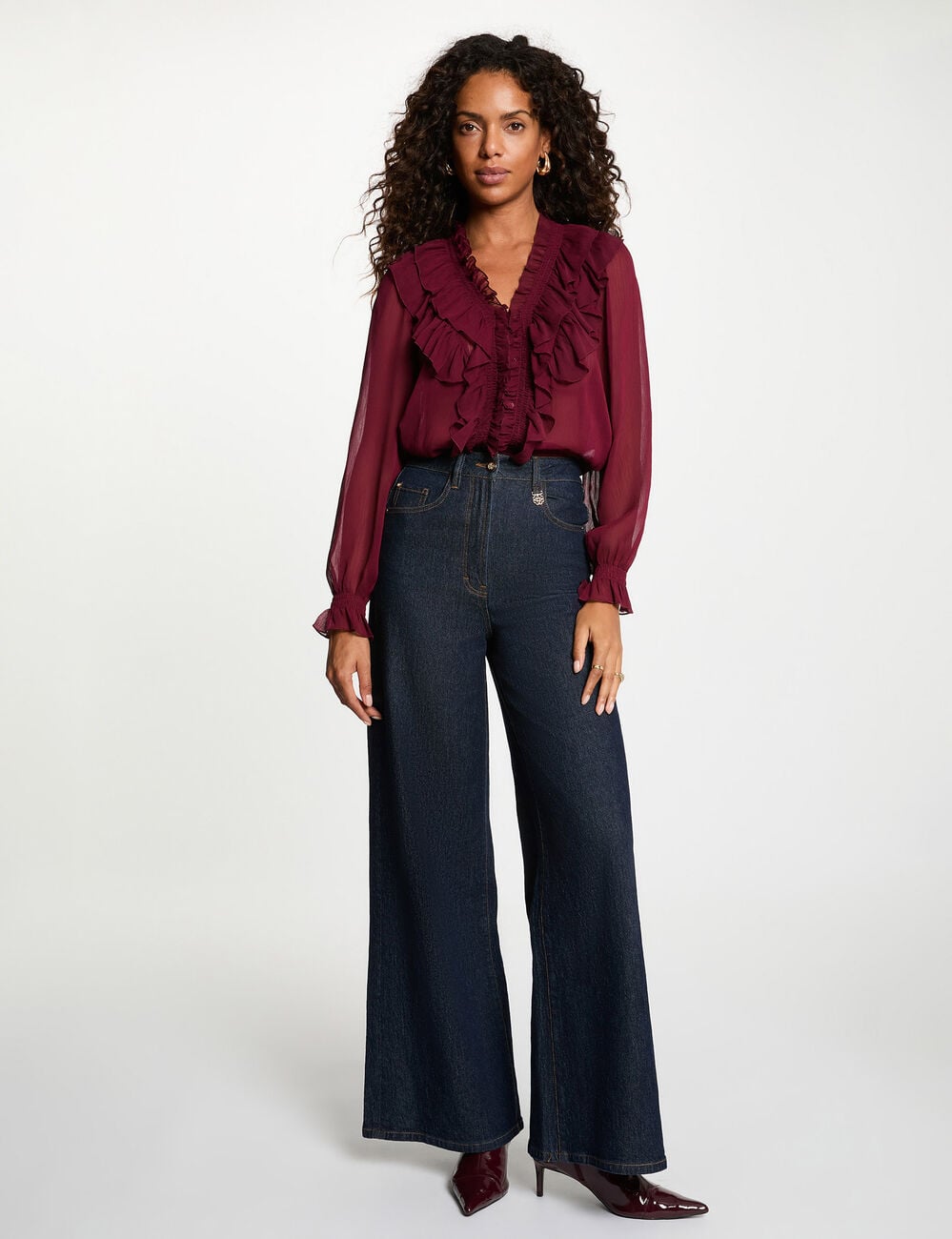Chemise fluide col v bordeaux femme