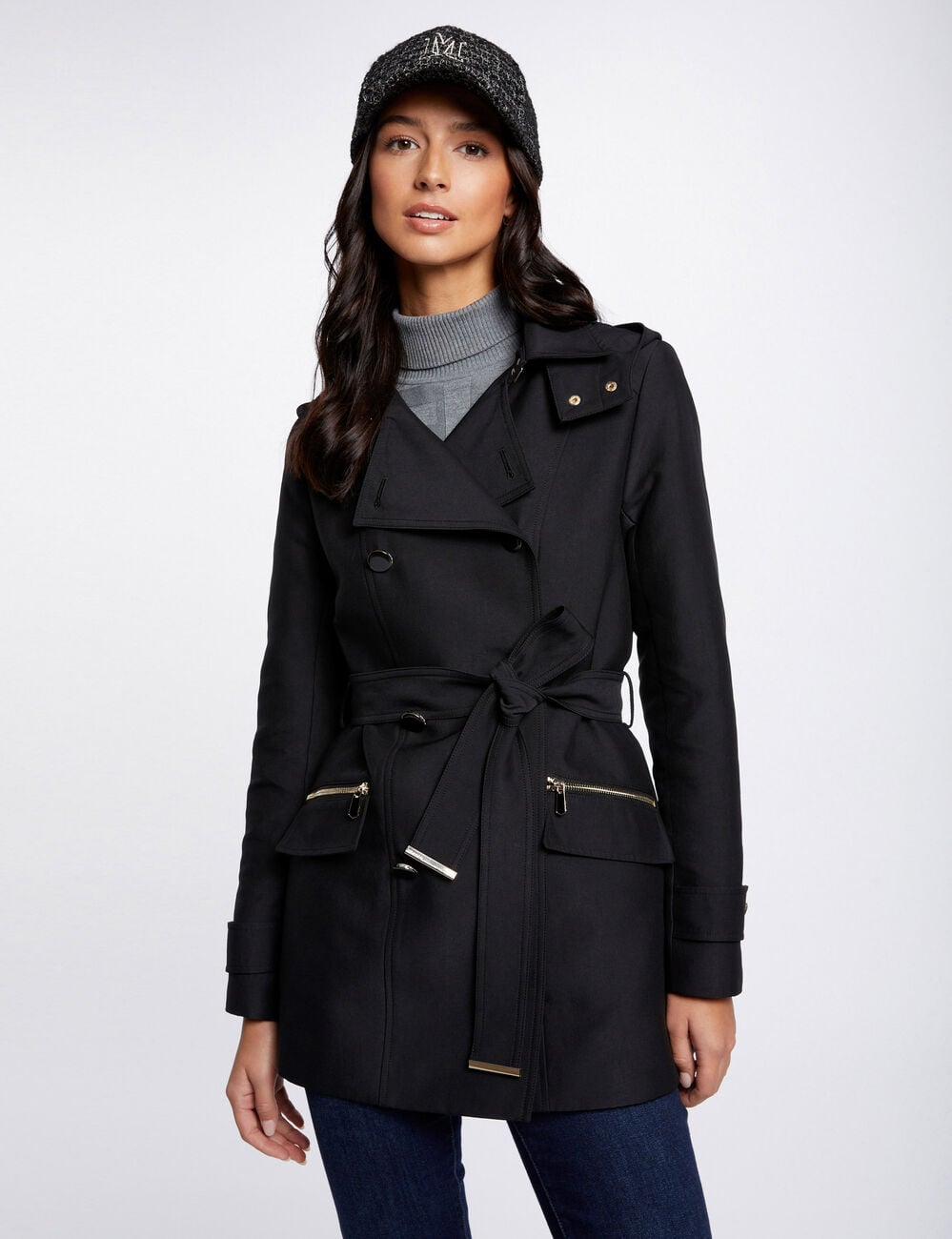 Trench cintr&eacute; ceintur&eacute; &agrave; capuche noir femme