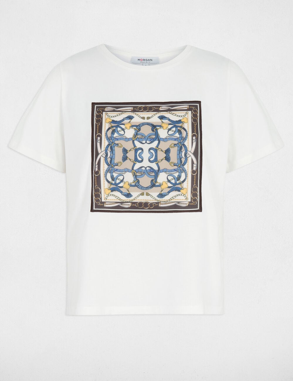 T-shirt imprim&eacute; col rond blanc femme