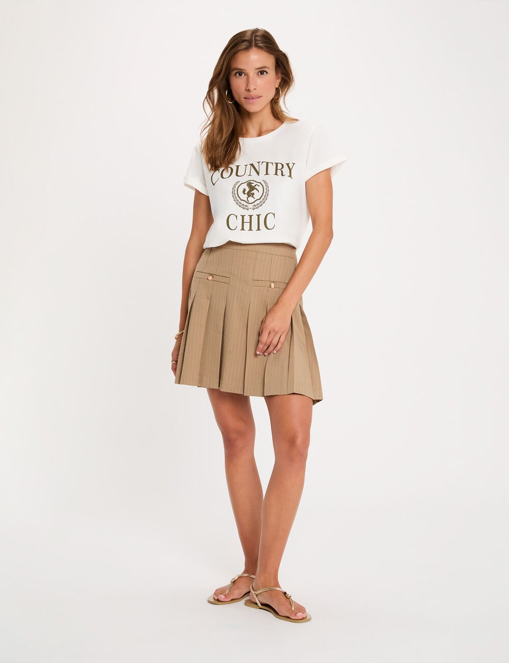 Jupe courte pliss&eacute;e taupe femme