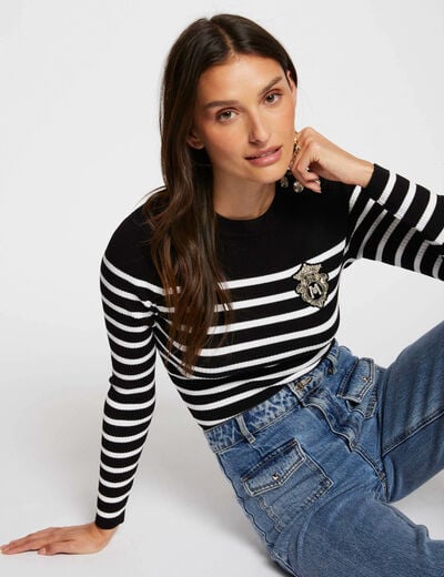 Pull manches longues &agrave; rayures noir femme