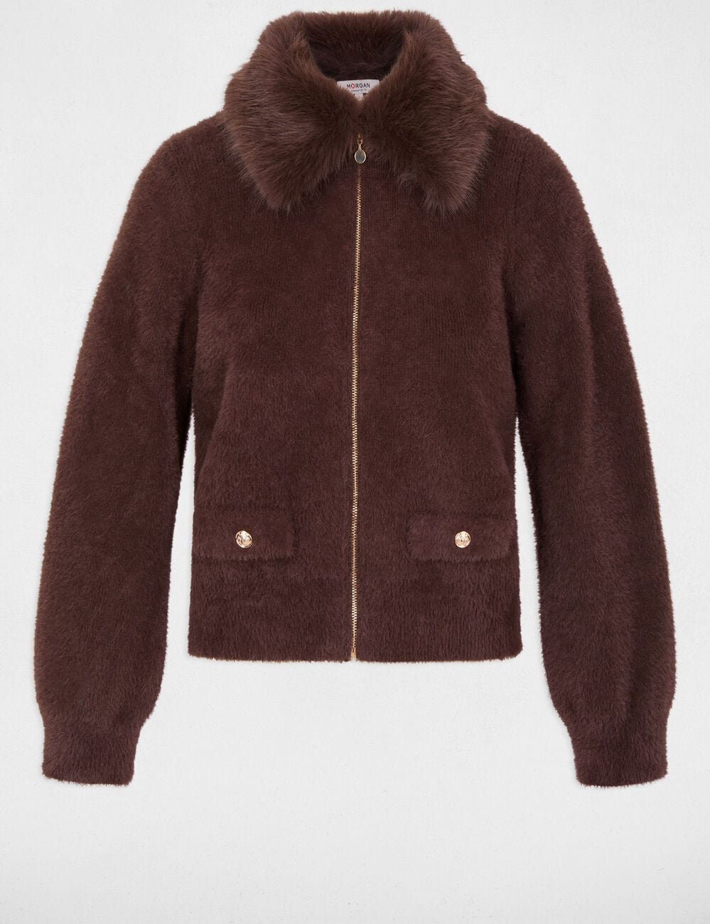 Veste avec col en fourrure marron fonc&eacute; femme