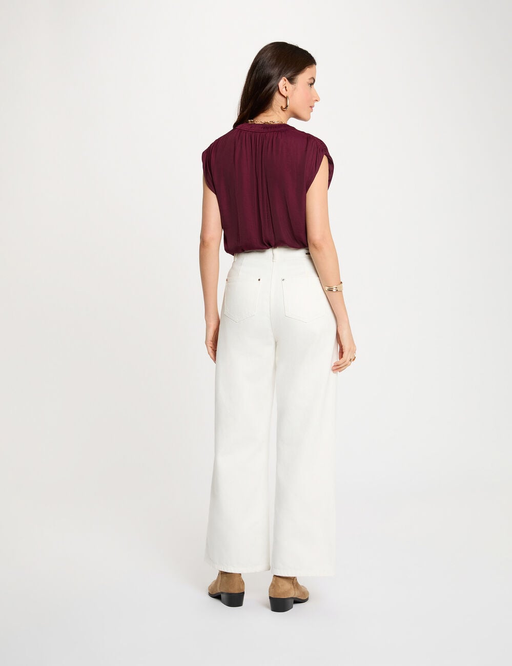 Blouse manches courtes satin prune femme