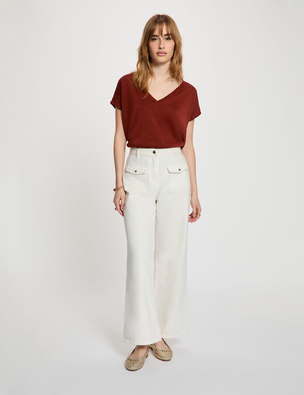 Pull oversize col v marron cognac femme