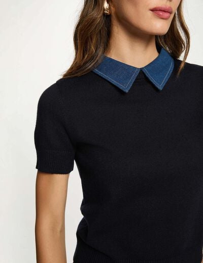 Pull col &agrave; revers bleu marine femme