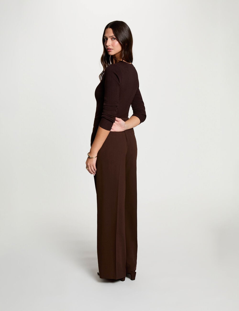 Pantalon large fluide marron fonc&eacute; femme