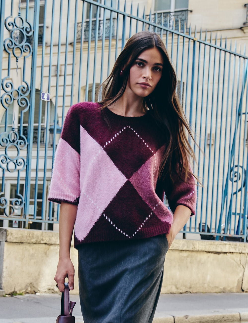 Pull jacquard col rond prune femme