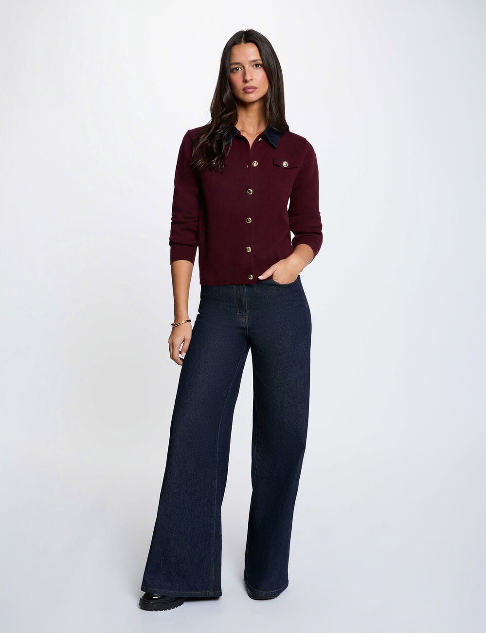 Gilet court col &agrave; revers prune femme